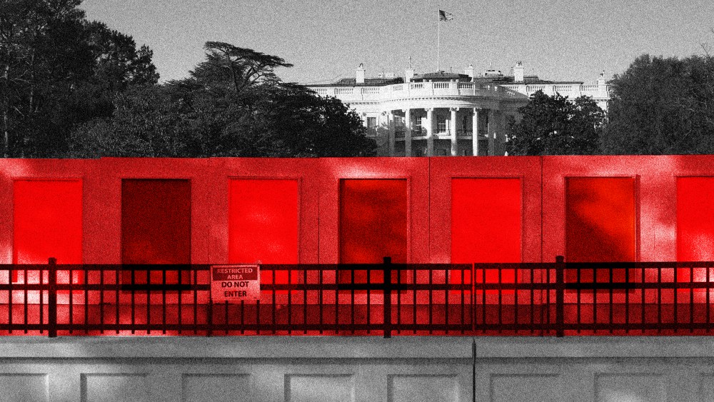 Image: The concrete fence outside the white house has a red overlay