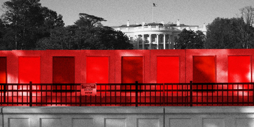 Image: The concrete fence outside the white house has a red overlay