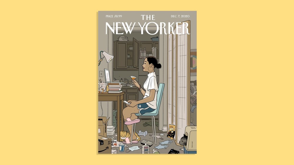 Image: Illustrated cover of the New Yorker on a yellow background. The cover features a girl in front of a laptop holding a glass in her apartment.