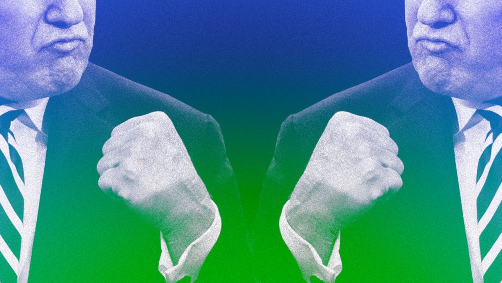 Image: Donald Trump pumps his fist; color overlayed with green and blue.