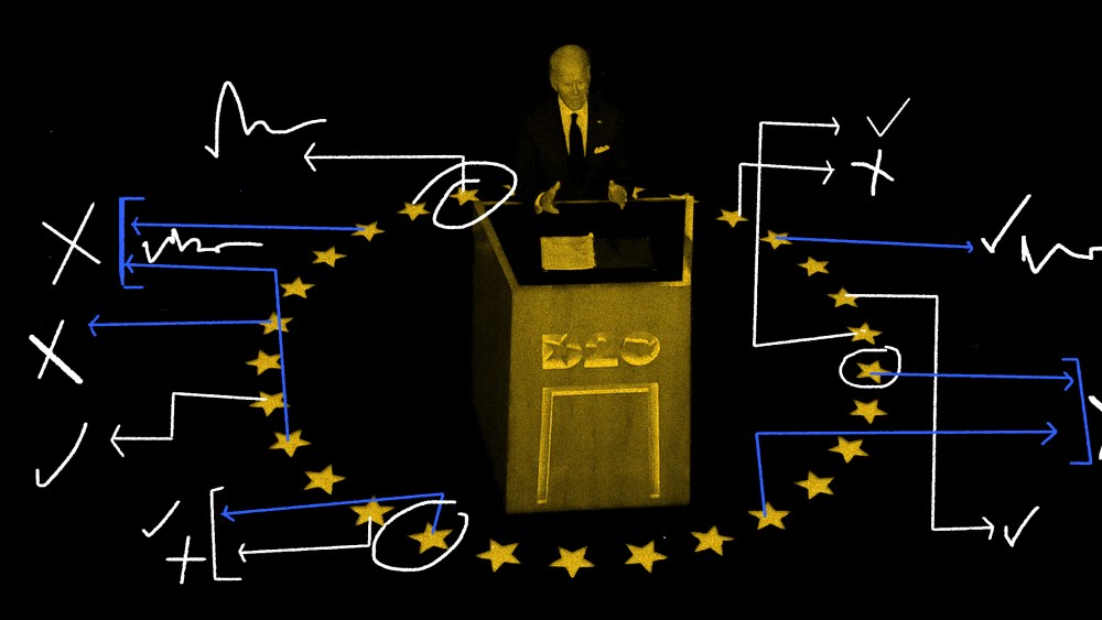 Image: Crosses, scribbles and tick marks over an black and yellow image of Joe Biden at the podium with a circle of stars around him.