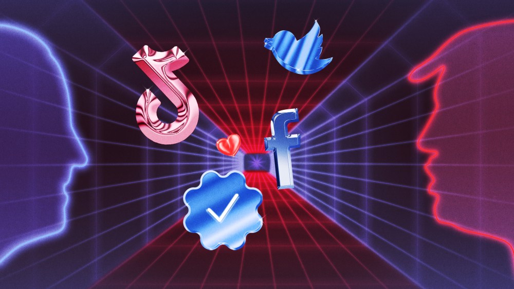 Image: Chrome social platform icons, like Twitter, Facebook and TikTok, float down a dark tunnel, as neon outlines of Joe Biden and Donald Trump look on.