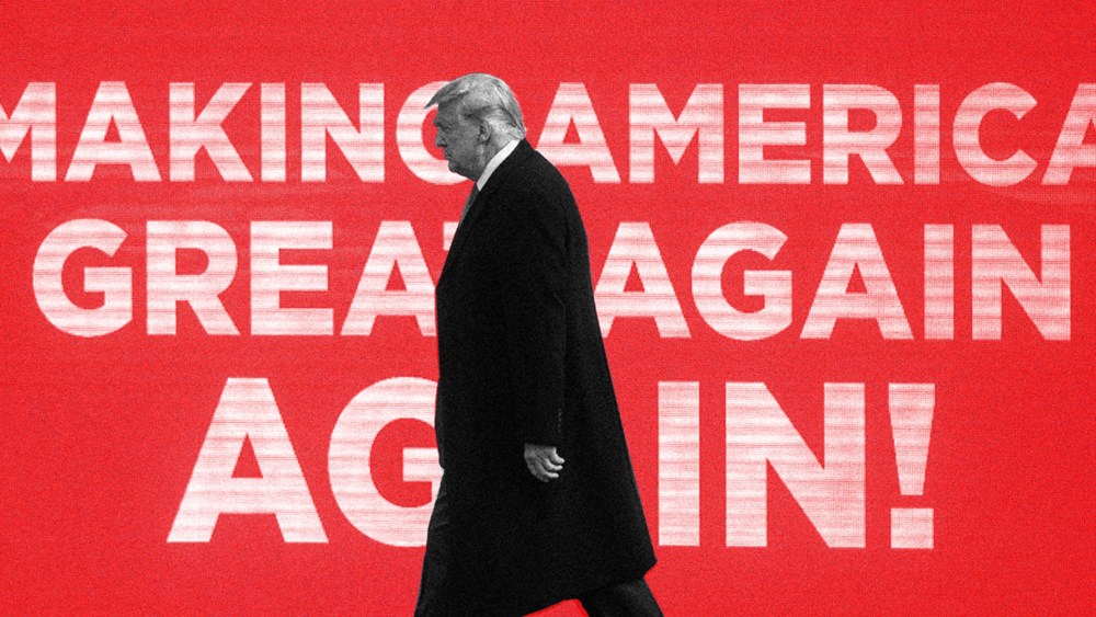 Image: Donald Trump walks against a red back with white text that reads: MAKE AMERICA GREAT AGAIN AGAIN!