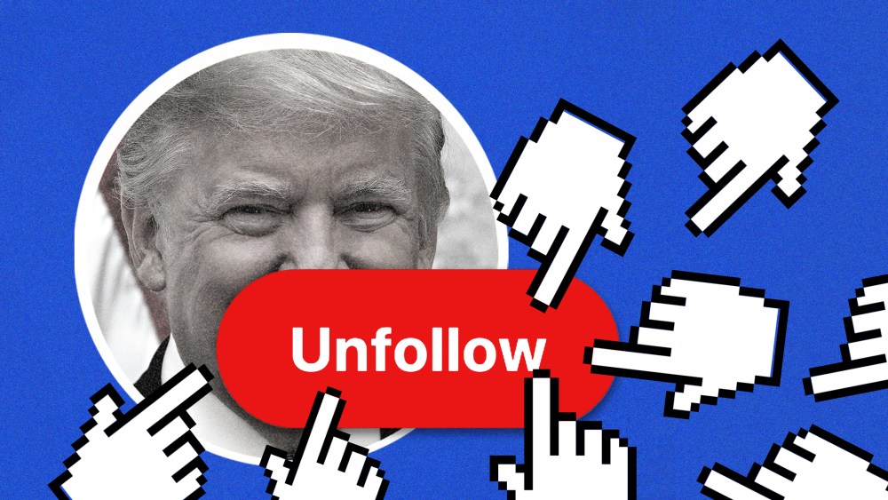 Image: Multiple hand icons coming towards a button that reads "Unfollow" over an image of Donald Trump in a circular frame.