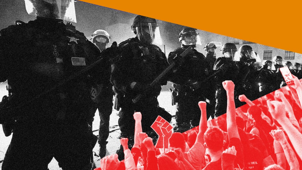 Image: A protesting crowd with a red overlay in the lower third, police officers lined up in the middle and a mustard color in the upper third