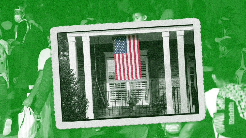 Image: A framed photograph of a home with an American flag is juxtaposed over an image of migrants walking that has a green overlay.