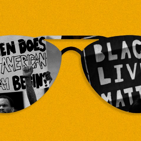 Image: Black sunglasses against a yellow background. One lens shows a image of protestors holding a sign that reads,"When does our American dream begin?". The other lens has a sign that reads," black lives matter"
