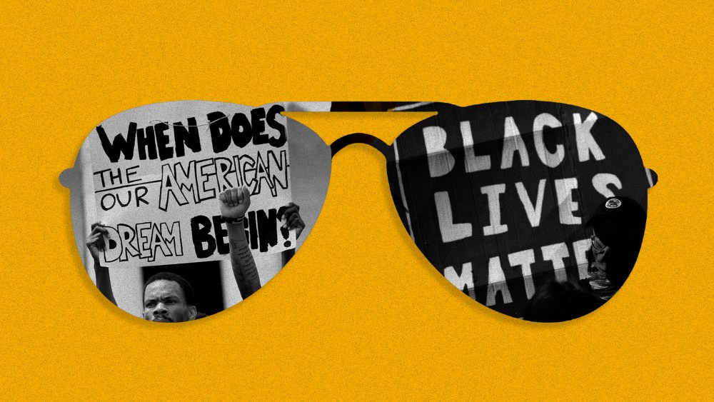 Image: Black sunglasses against a yellow background. One lens shows a image of protestors holding a sign that reads,"When does our American dream begin?". The other lens has a sign that reads," black lives matter"