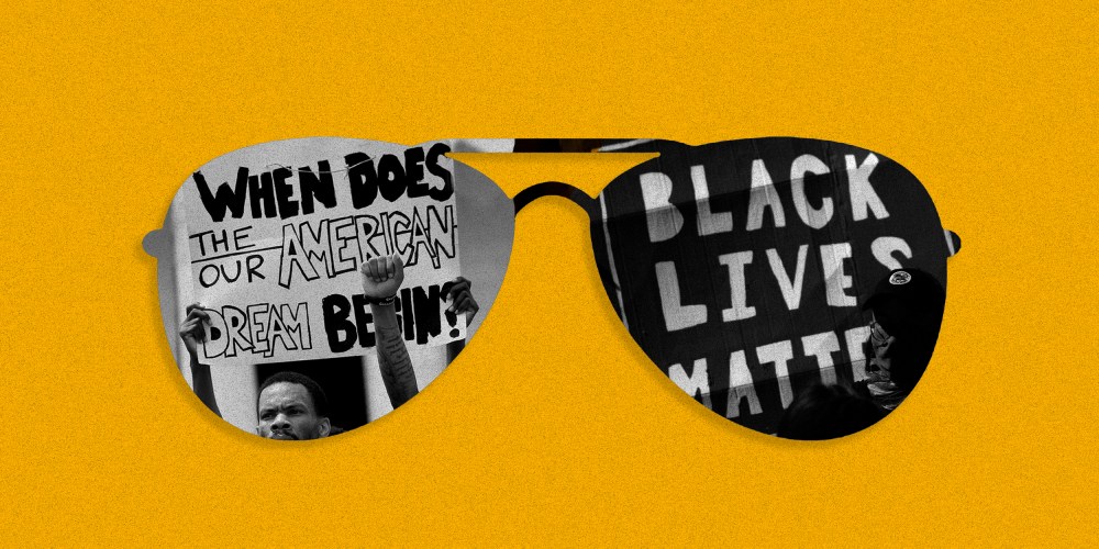Image: Black sunglasses against a yellow background. One lens shows a image of protestors holding a sign that reads,"When does our American dream begin?". The other lens has a sign that reads," black lives matter"
