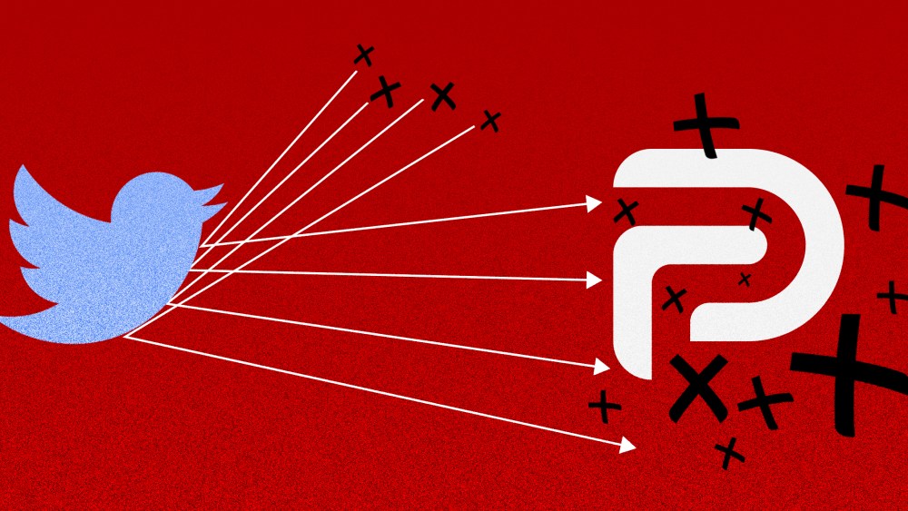 Image: arrows coming from cross marks move from the top to get deflected off the surface of the twitter logo and move towards the Parler logo which surrounded by more cross marks.