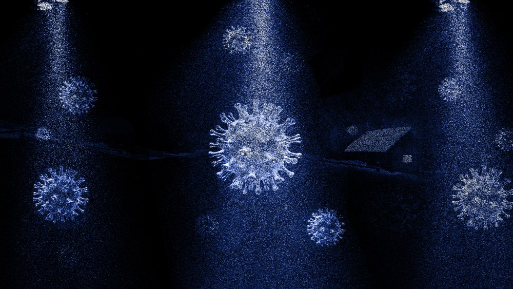 Image: A light falls to reveal falling flakes shaped like the COVID virus on a winter night; a single house is in the background.