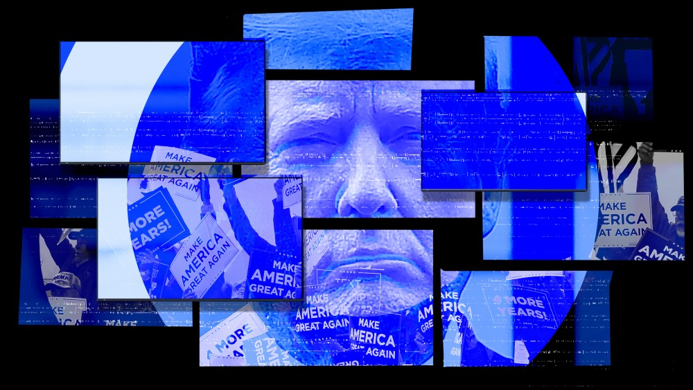 Image: Overlapping screens form an image of Trump along with signs at the base that read,"Make America Great Again" and "4 more years".