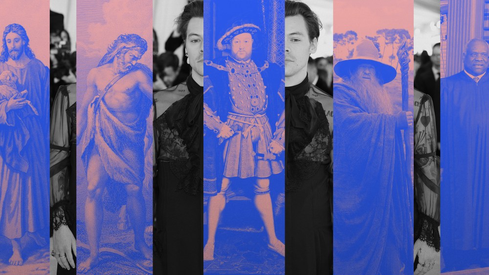 Image: Five slices show drawing of Jesus, Hercules, Henry VIII, images of Gandalf and Clarence Thomas in a robe with a pink and blue color overlay. Black and white image of Harry Styles is interspersed within the slices.