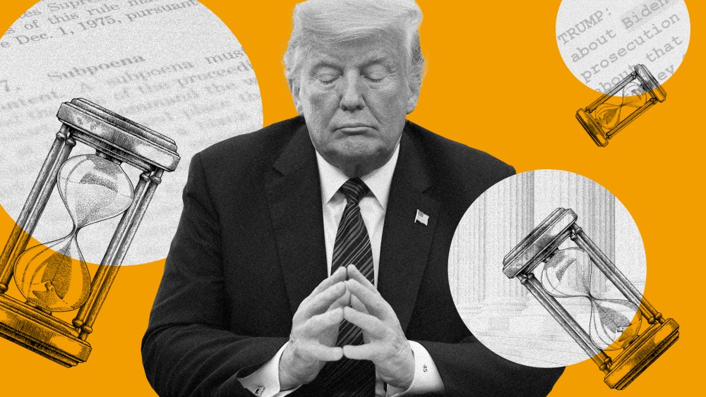 Image: Trump is sitting with his eyes closed and hands together surrounded by three hourglasses white circles with images of a document, steps of the Supreme Court and a transcript.