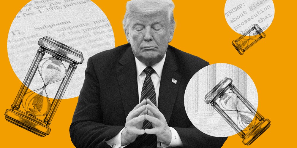 Image: Trump is sitting with his eyes closed and hands together surrounded by three hourglasses white circles with images of a document, steps of the Supreme Court and a transcript.
