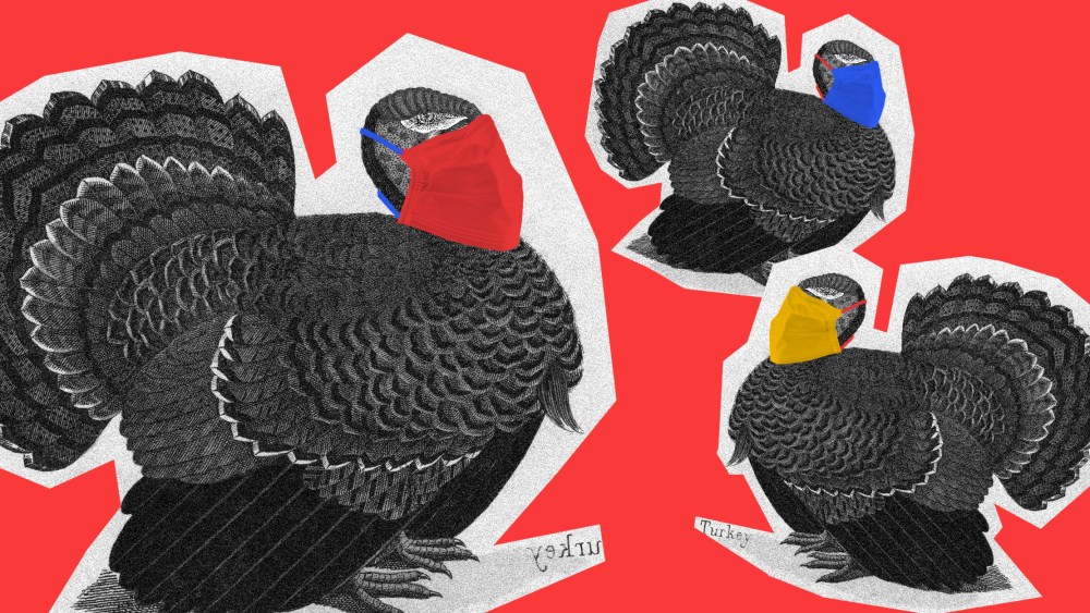 Image: Three cutouts of turkey illustrations with red, yellow and blue surgical masks on.