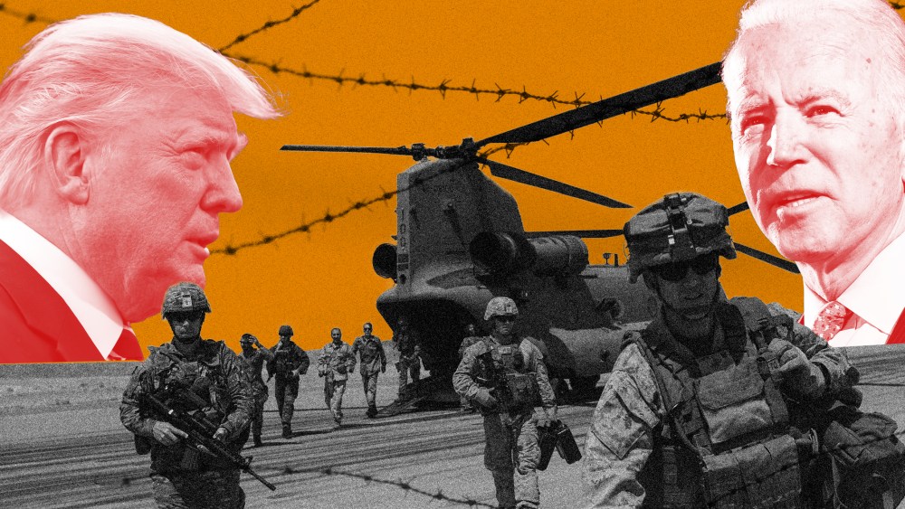 Image: Soldiers walk off the runway from a helicopter. Trump and Biden's profile loom are set against a deep yellow sky in the background