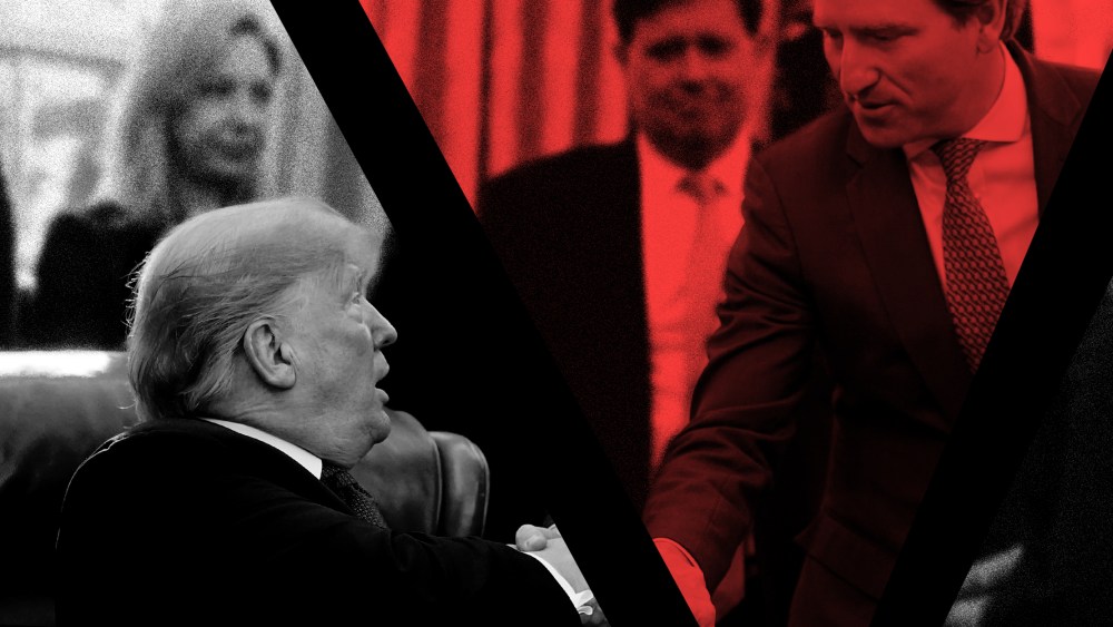 Image: An image of Trump shaking hands with Chris Krebs is sliced through the hands. The slice with Chris Krebs has a red overlay.