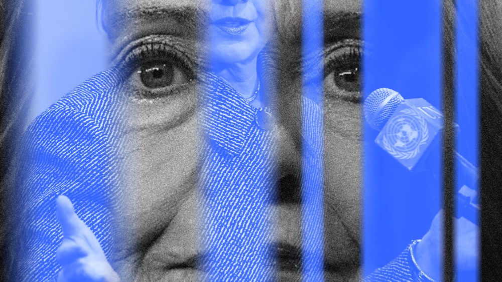 Image: A black and white close up of Hillary Clinton is juxtaposed with blurry blue lines that contain an image of her speaking at the UN.