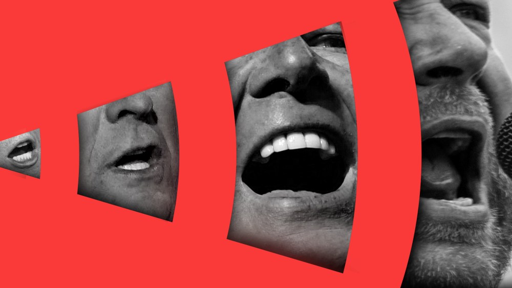 Image: Each segment of a volume icon has a different open mouth, first of Donald Trump, Sean Hannity, Rush Limbaugh and then Alex Jones.