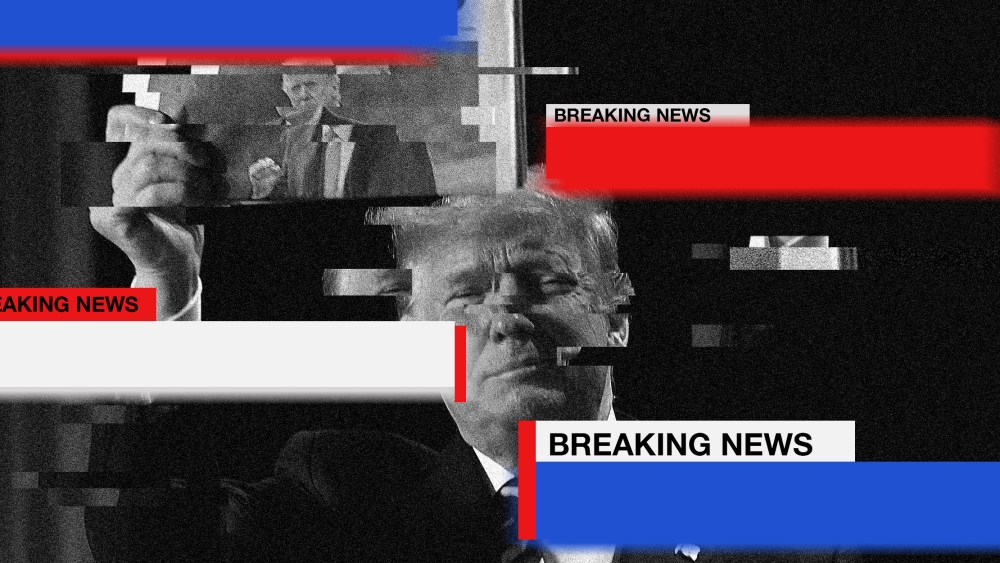 Image: Blue, red and white Strips move across the screen that read,"Breaking News", over a glitching black white image of Donald Trump holding up a newspaper with his photo.