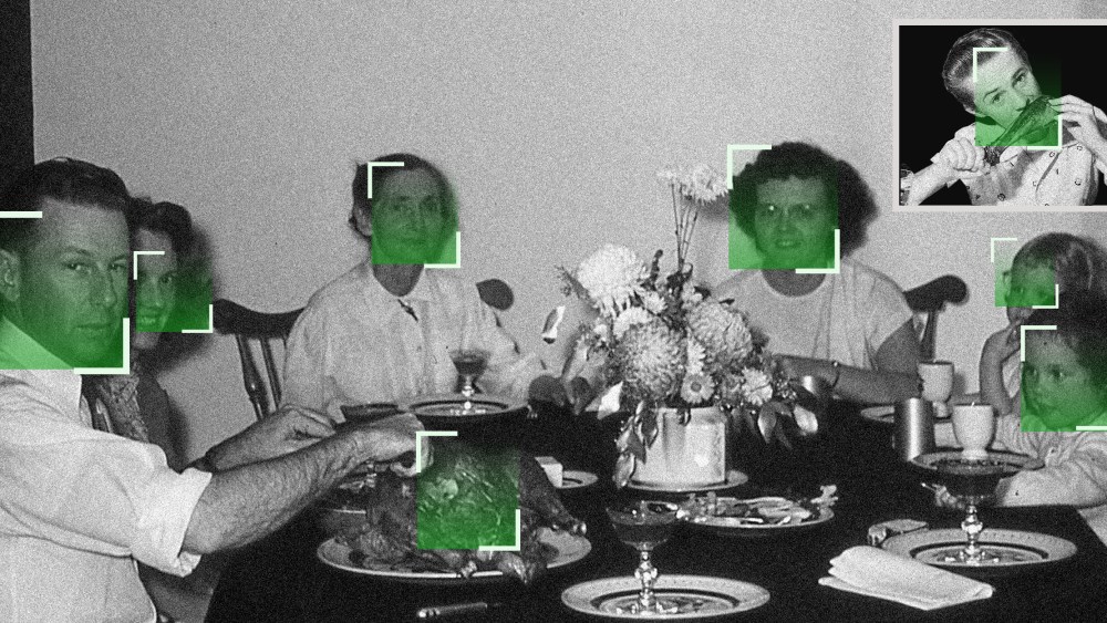 Image: Vintage image of a family having a thanksgiving meal juxtaposed with the image of another family member in a window having a meal. Each face has a green face scanning rectangle.