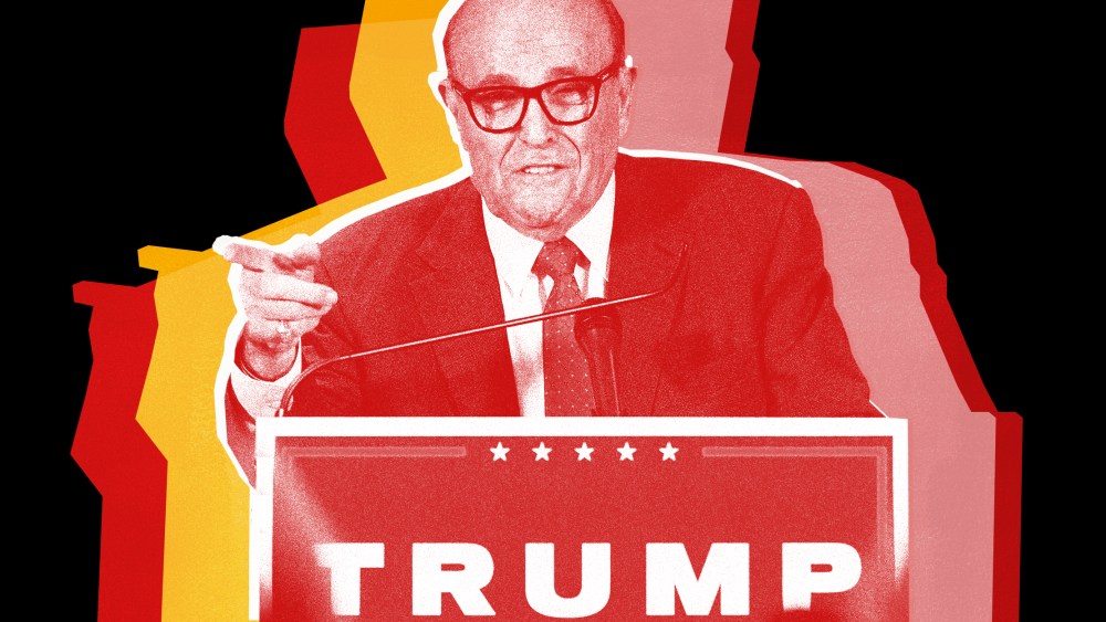 Image: Image: Cut out of Rudi Giuliani speaking over a podium with a Trump sign, left hand pointing at the audience with red, yellow and pink colored shadows.