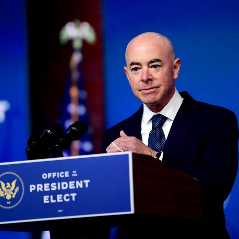 Image: Alejandro Mayorkas, nominee for Secretary of Homeland Security, speaks at an event held by President-elect Joe Biden on Nov. 24, 2020.