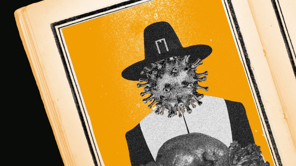 Image: An old open book has an image of the coronavirus in a pilgrim hat