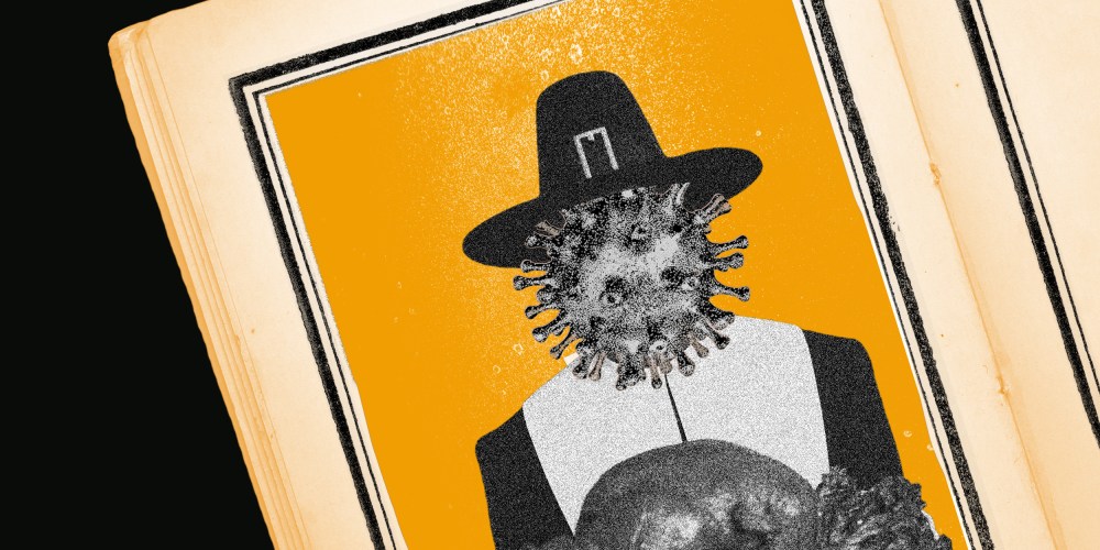 Image: An old open book has an image of the coronavirus in a pilgrim hat