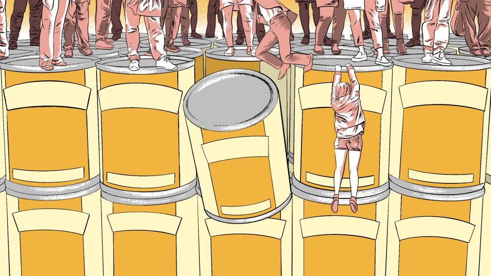 Illustration of woman falling off a cliff of cans.