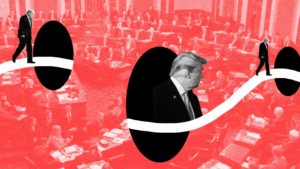 Image: A white path goes through three black holes over an image of the Senate with a red overlay. Multiple image of trump walking along the path.