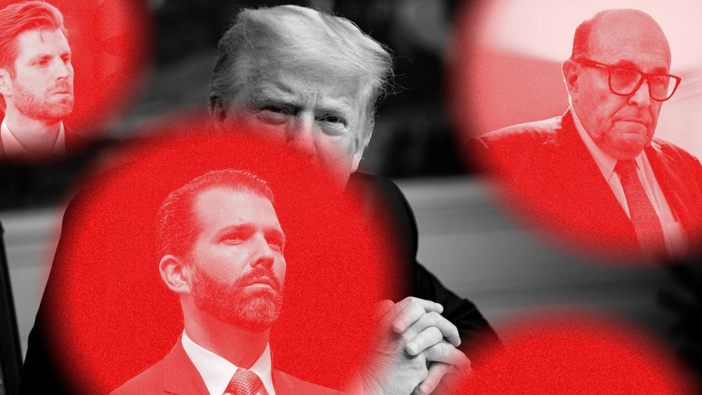 Image: Donald Trump behind red circles with images of Eric Trump, Donald Trump Jr. and Rudy Giuliani