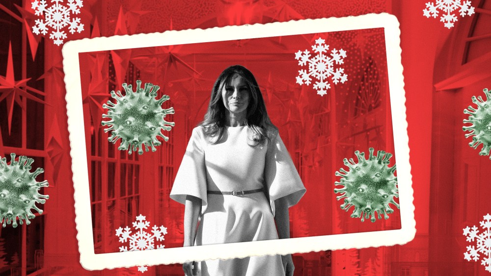 Image: Melania Trump is surrounded by coronavirus and snowflakes and a picture frame as she walks through the decked White House hall