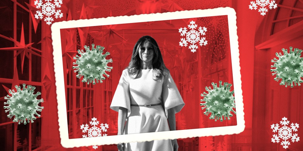 Image: Melania Trump is surrounded by coronavirus and snowflakes and a picture frame as she walks through the decked White House hall