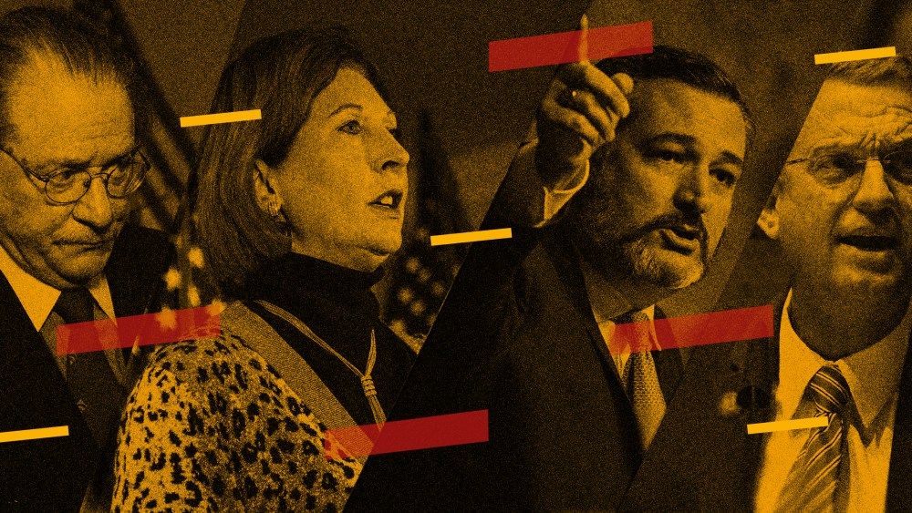 Image: Images of Joe DiGenova, Sidney Powell, Ted Cruz and Doug Collins with a yellow overlay and red and yellow blocks darting across.