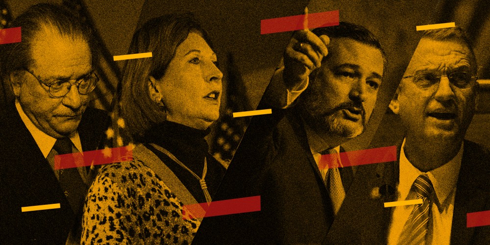 Image: Images of Joe DiGenova, Sidney Powell, Ted Cruz and Doug Collins with a yellow overlay and red and yellow blocks darting across.