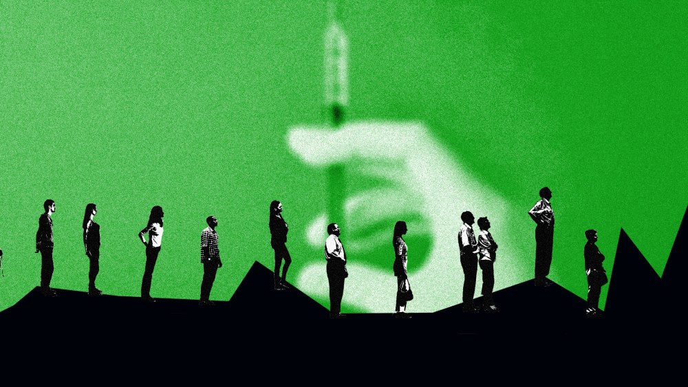 Image: A green background with a blurry hand holding a vaccine, people wait in line in the foreground over a spiking graph.