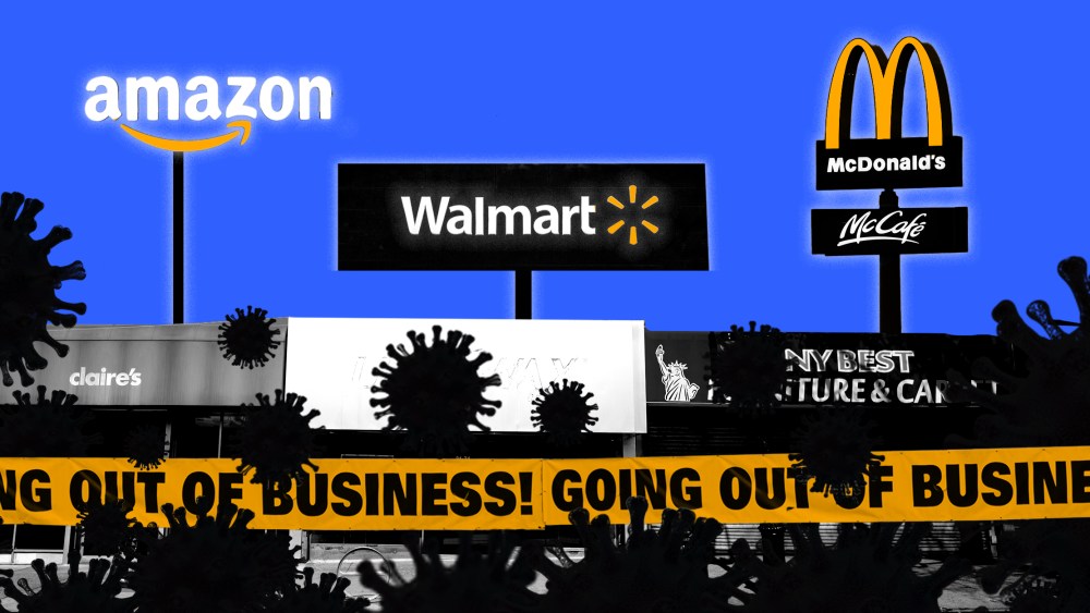 Image: Small businesses in the foreground are covered by COVID spores and corporates logos of Amazon, Walmart and McDonalds stand above them in the background.