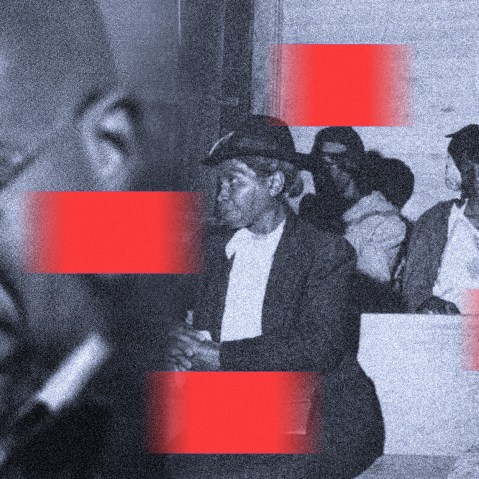 Image: Profile of Raphael Warnock fades into an old image of women at an African American church. The image has red moving blocks over it.