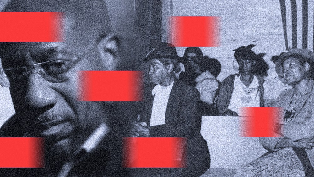 Image: Profile of Raphael Warnock fades into an old image of women at an African American church. The image has red moving blocks over it.