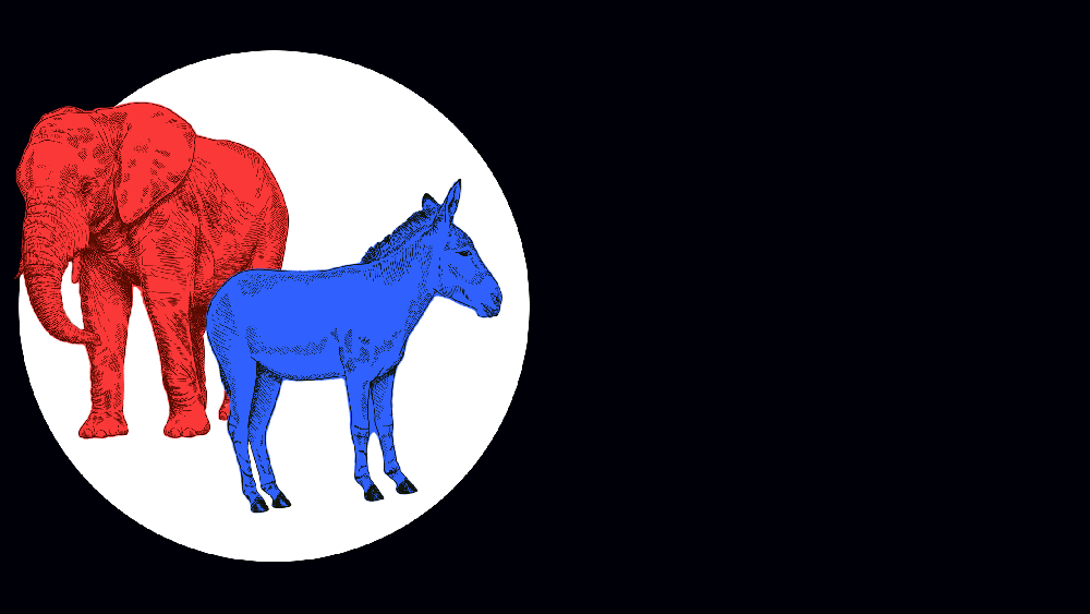Moving image of a blue donkey and a red elephant in a circle switches to a circle with the map of US with a ballot going in.