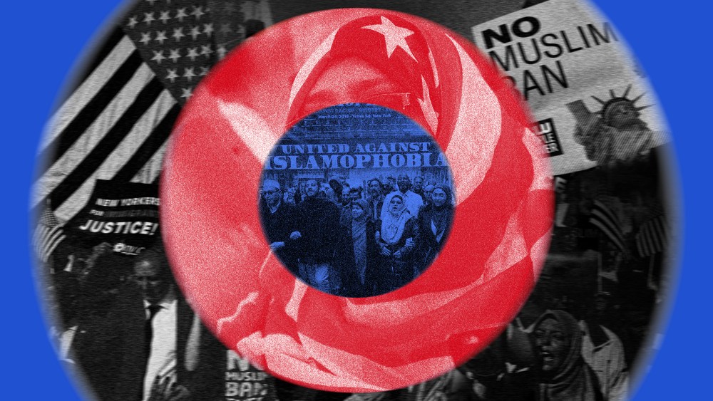 Image: Concentric circles of blue, black and white and red with images from protests against the muslim ban.