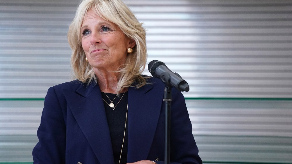 Image: Dr. Jill Biden took questions from reporters during a campaign stop at Jeffers Pond Elementary School, Prior Lake, Minn.
