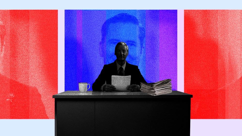 Image: A newsreader sitting at his desk in the foreground, red and blue portraits of Michael Waltz in the background