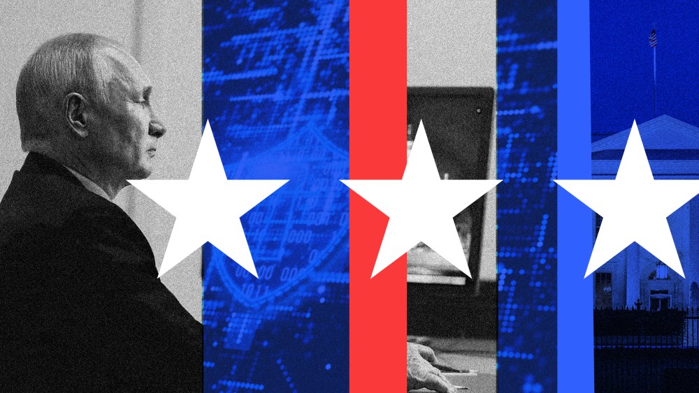 Image: Vladimir Putin in front of a computer facing an image of the white house, superimposed with strips showing a closeup of a security screen