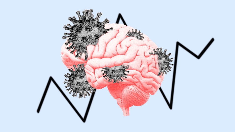 Image: Covid-19 spores coming out a brain and spiking graph in the background