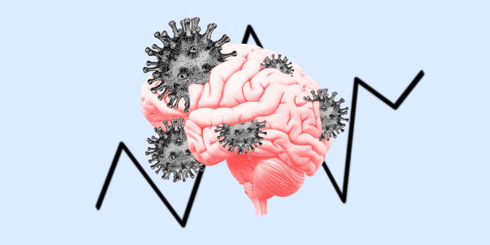 Image: Covid-19 spores coming out a brain and spiking graph in the background