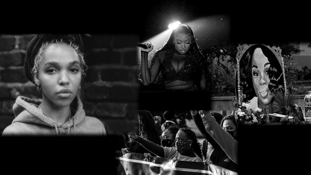 Image: Clockwise from left; photos of FKA twigs, Megan Thee Stallion at a concert, Portrait of Breonna Taylor lined up with flowers, African-American women lined up during a protest march.