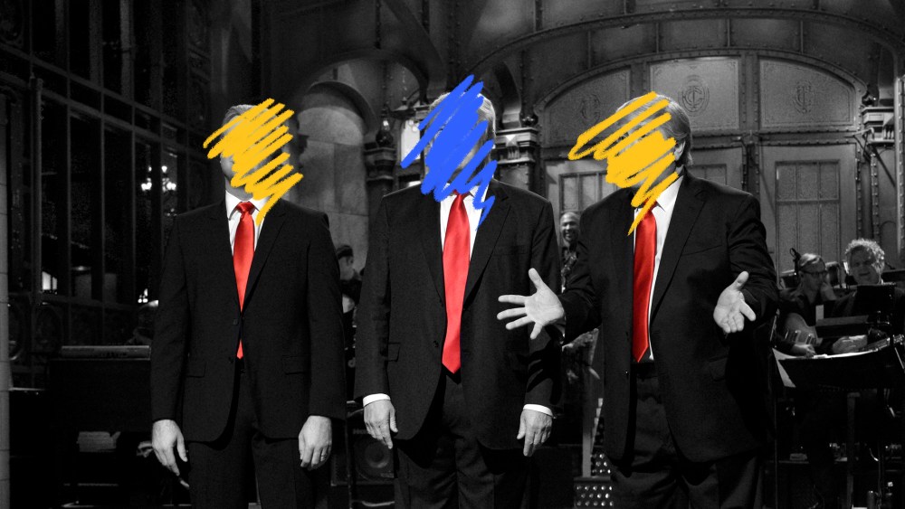 Image: Blue and yellow scribbles cover the faces of three men on the Saturday Night Live stage wearing black suits and red ties.